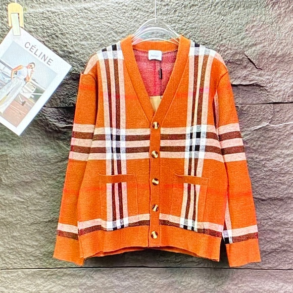 Burberry Orange Plaid Cardigan